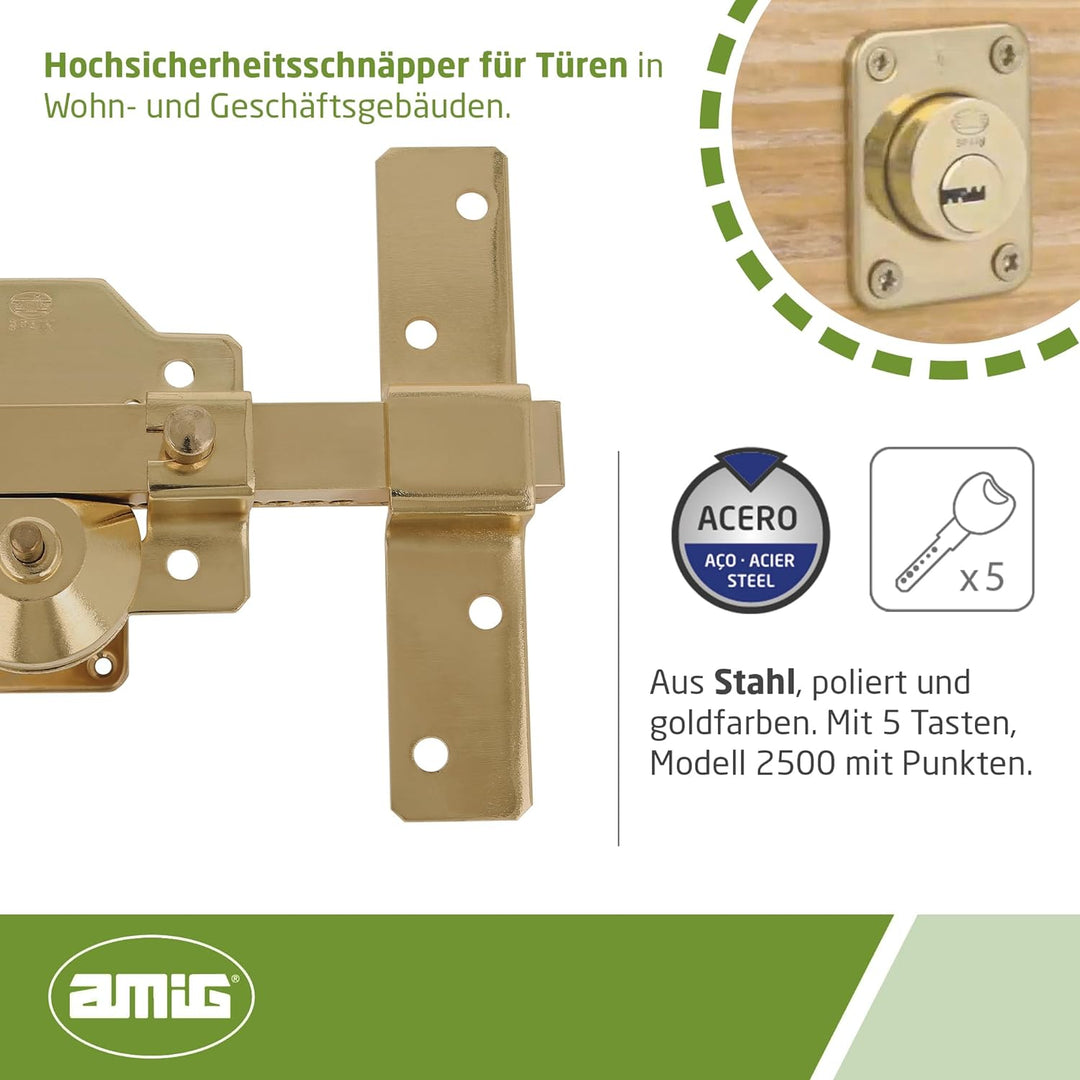 AMIG - Riegel für Türen von hoher Sicherheit, poliertes Finish in Goldfarbe, runder Zylinder von 50 