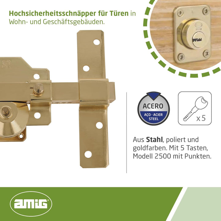 AMIG - Riegel für Türen von hoher Sicherheit, poliertes Finish in Goldfarbe, runder Zylinder von 50 