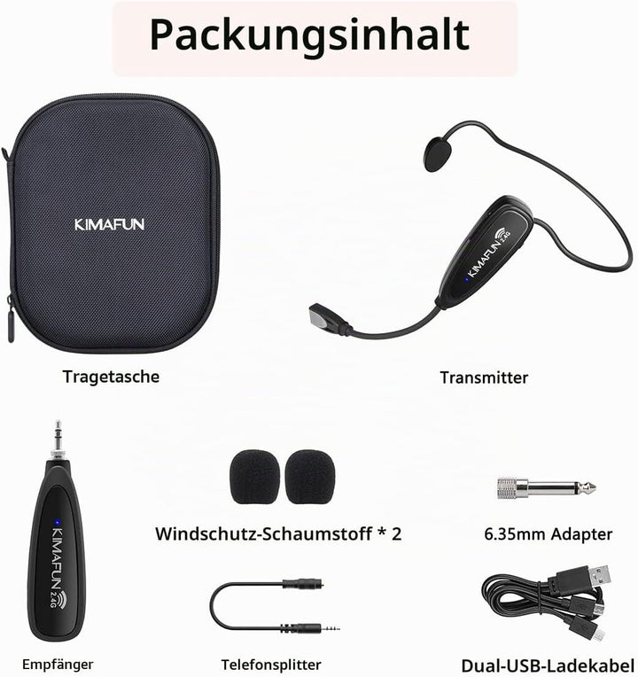 Drahtloses Fitness-Mikrofon-Headset, KIMAFUN Schweissfestes Wasserdichtes Headset-Mikrofon mit Wiede