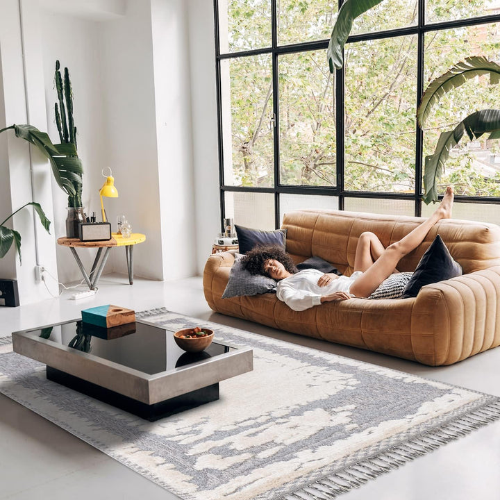 payé Teppich Wohnzimmer - Abstrak - 120x170cm - Creme Grau Blau - Fransen Deko Boho Flauschig - Cut