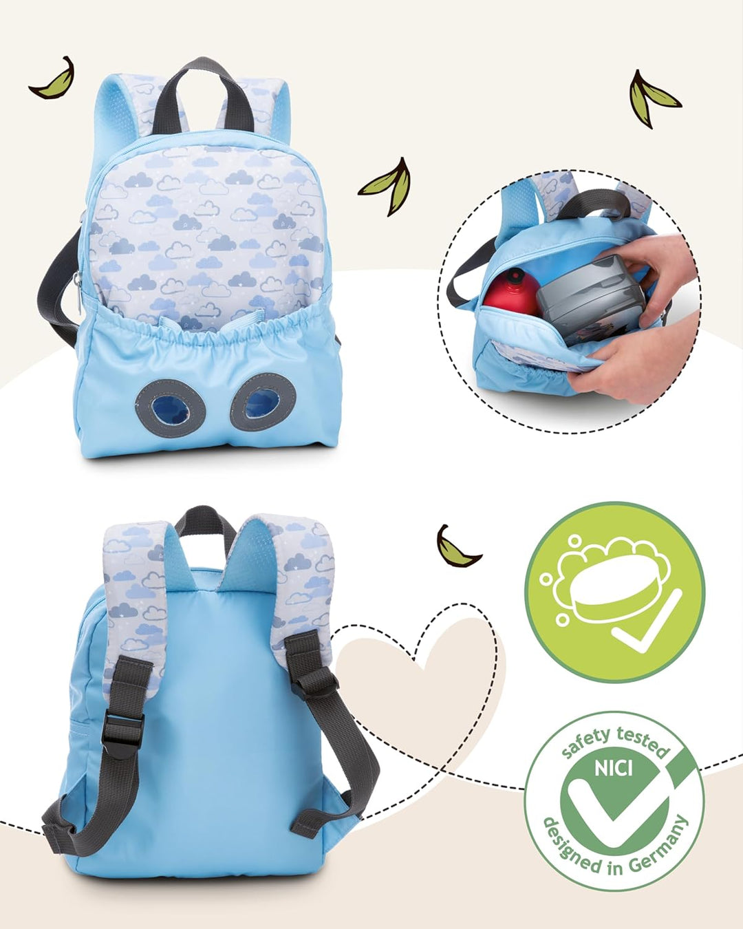 NICI Kinderrucksack blau 2 in 1 mit Kuscheltier Löwe 25cm - Kindergartenrucksack Mädchen & Jungen -