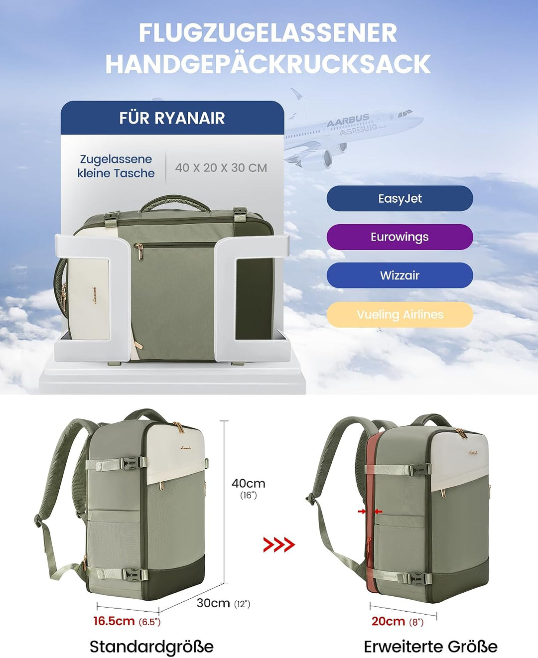 LOVEVOOK Ryanair Handgepäck 40x30x20, 24L Travel Handgepäck Rucksack für Damen, Erweiterbares Design