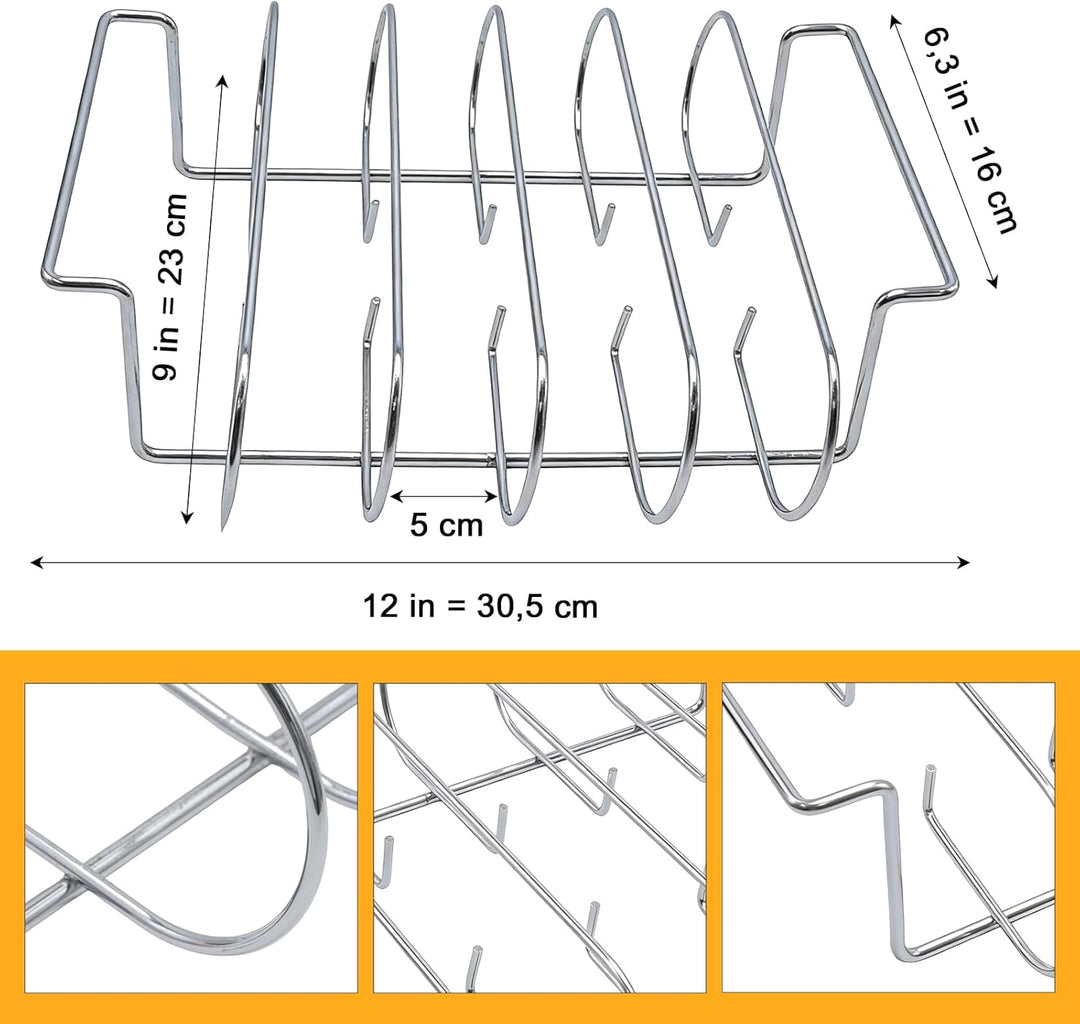 Edelstahl Rippchenhalter, Vielseitiger Halter für 5 Spare Ribs, Geschirrspülerfest für Gas- und Holz