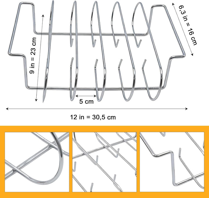 Edelstahl Rippchenhalter, Vielseitiger Halter für 5 Spare Ribs, Geschirrspülerfest für Gas- und Holz