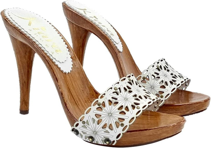 Clogs mit weiss gelasertem Obermaterial - Absatz 12 - Made in Italy - KM71401 BIANCO (41, WEISS) 41