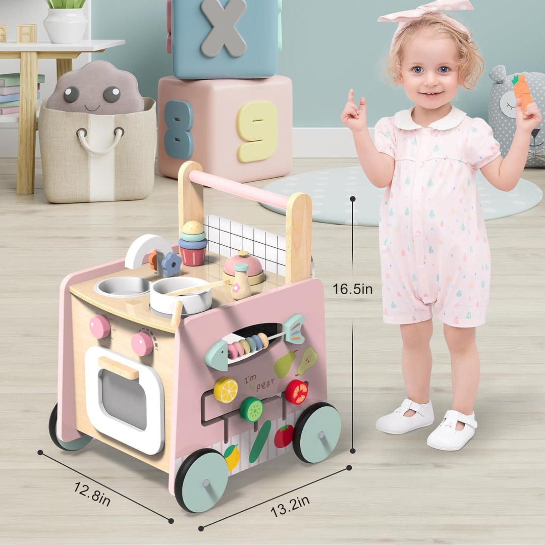 Lauflernwagen Holz, 9 in 1 Baby Lauflernhilfe mit Montessori Spielzeug und Spielküche, Holzspielzeug