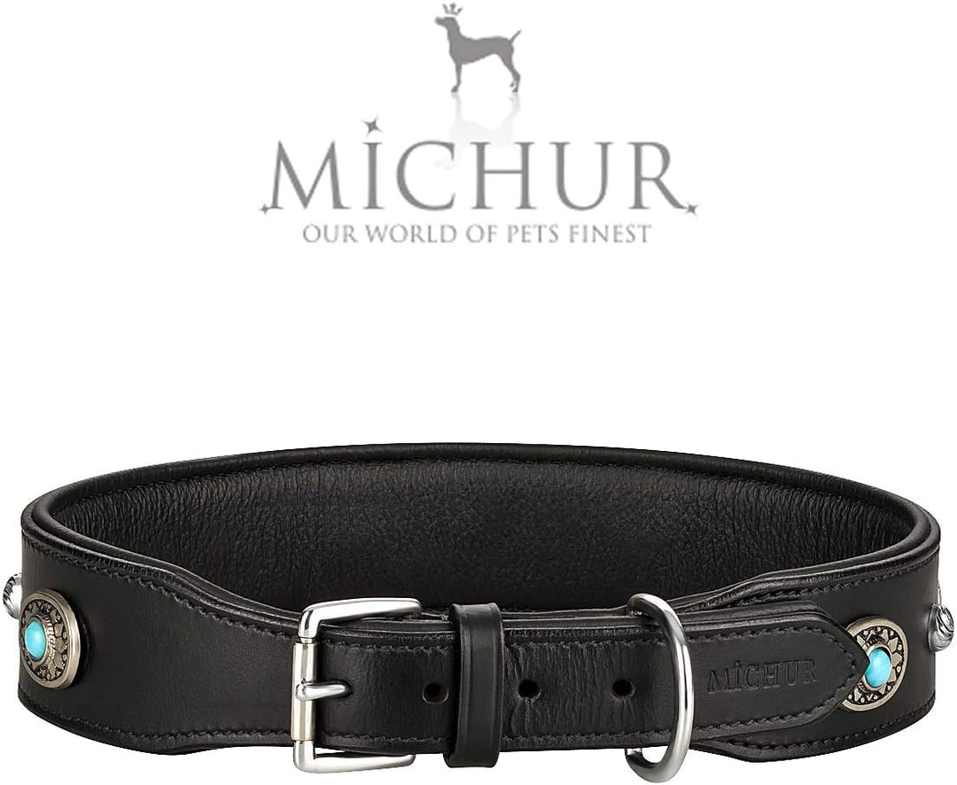 MICHUR Alonzo Hundehalsband Leder Schwarz Breit, Lederhalsband, Halsband, Blaue Steine MIT RUNDNIETE