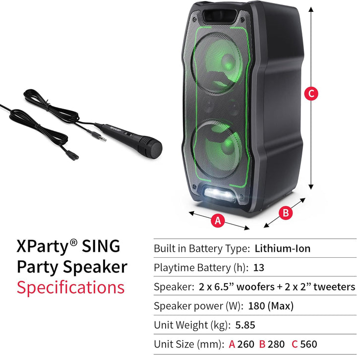 SHARP XParty Sing Party-Lautsprecher 180W – kraftvoller Bluetooth-Sound, LED-Lichter & 13 Std Akkula