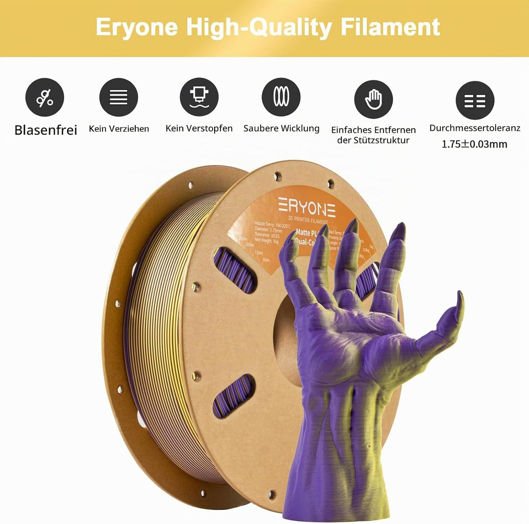 ERYONE Matte Zweifarbig PLA 3D Drucker Filament 1,75 mm +/- 0,03 mm, 1KG f¨¹r 3D-Drucker, Gelb &amp; Lil