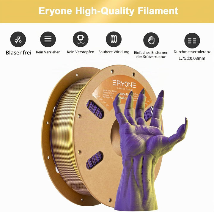 ERYONE Matte Zweifarbig PLA 3D Drucker Filament 1,75 mm +/- 0,03 mm, 1KG f¨¹r 3D-Drucker, Gelb &amp; Lil