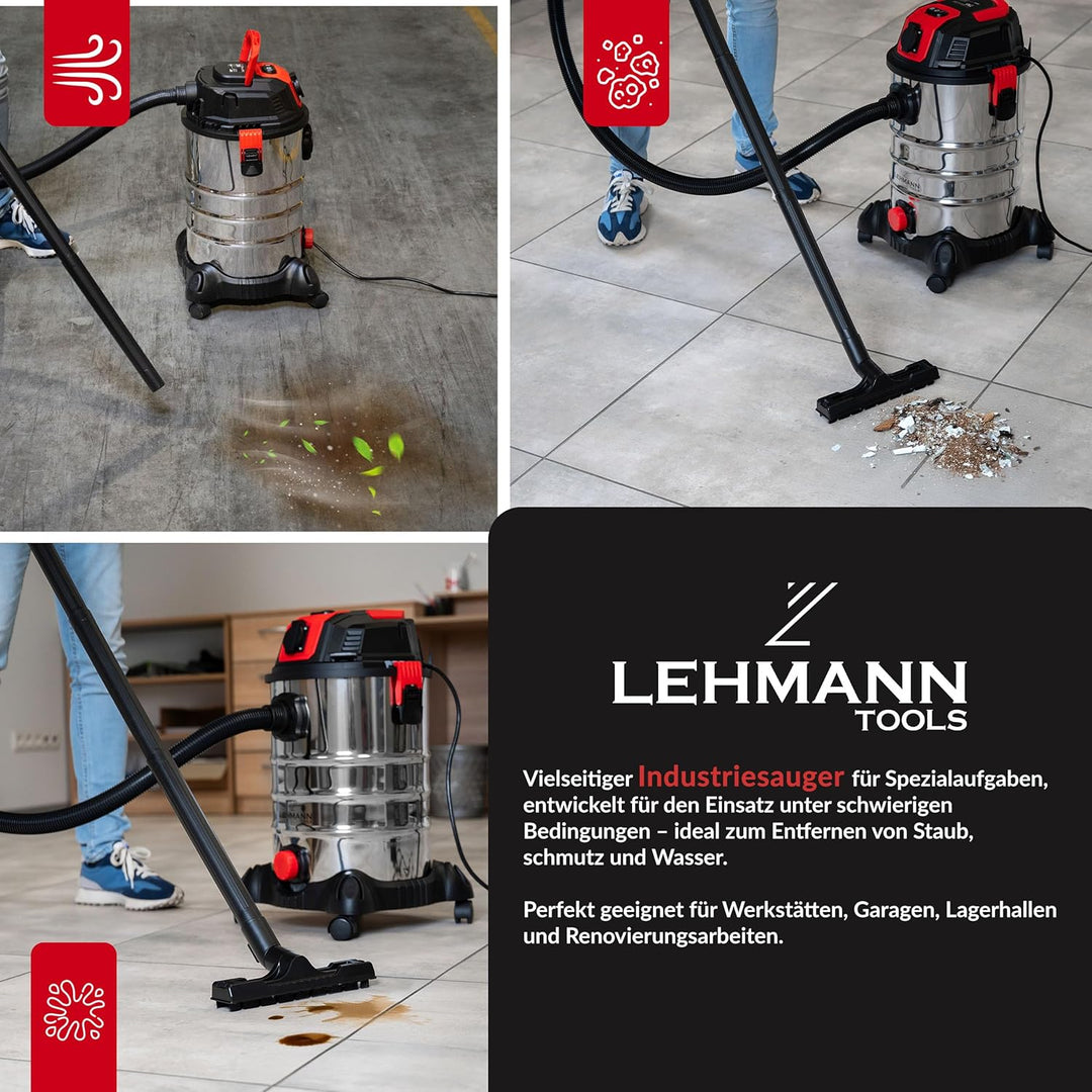 LEHMANN Industriestaubsauger mit Steckdose 2000W, Nass Trockensauger mit 30L Metallbehälter, Blasfun
