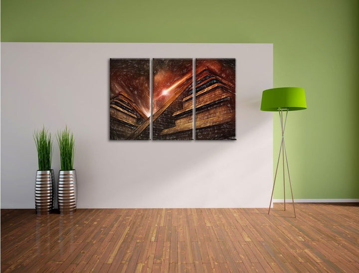 Pixxprint Majatempel bei Gewitter Bunstift Effekt 3-Teiler Leinwandbild 120x80 Bild auf Leinwand