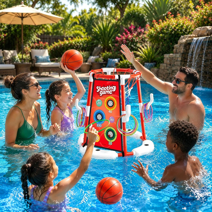 Sternstunde Pool Basketballkorb Kinder, wasserspielzeug Kinder mit 4 Basketball, 12 Wurfringen, 12 K
