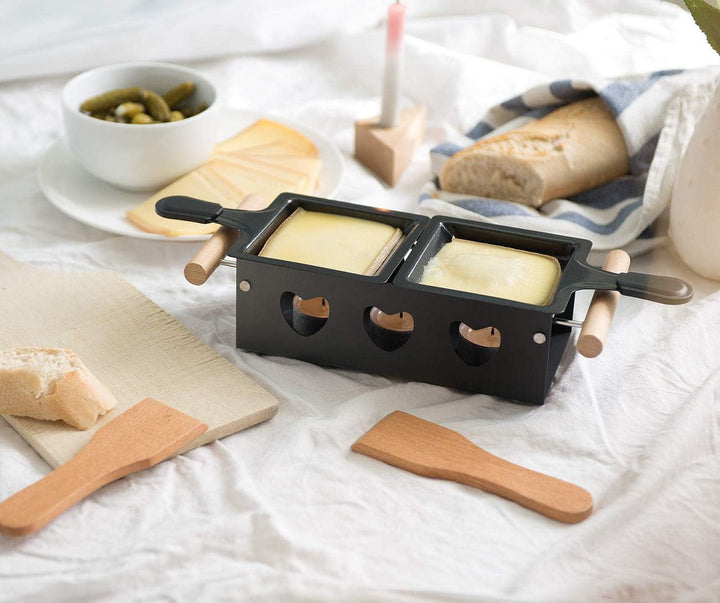 Rosenstein & Söhne Raclette mit Kerzen: Teelicht-Raclette für 2 Personen, mit Schabern und Teelichte