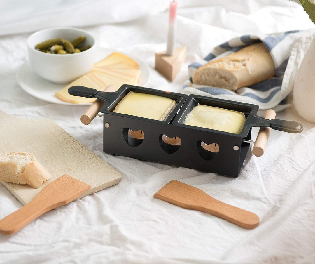 Rosenstein & Söhne Mini-Raclette-Grill: 4er-Set Teelicht-Raclette für 2 Personen, mit Schabern und T