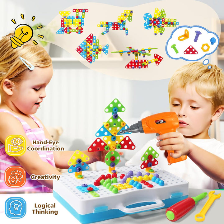 Steckspiel Spiele ab 3 Jahren Mosaik mit Elektrische Bohrmaschine, 3D Puzzle Montessori Spielzeug ab