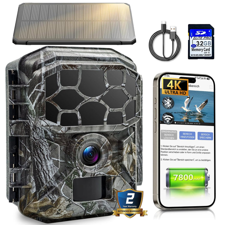 Wildkamera Solar WLAN mit Handyübertragung App 7800mAh Akku - 4K 60MP Wildtierkamera Bluetooth mit B