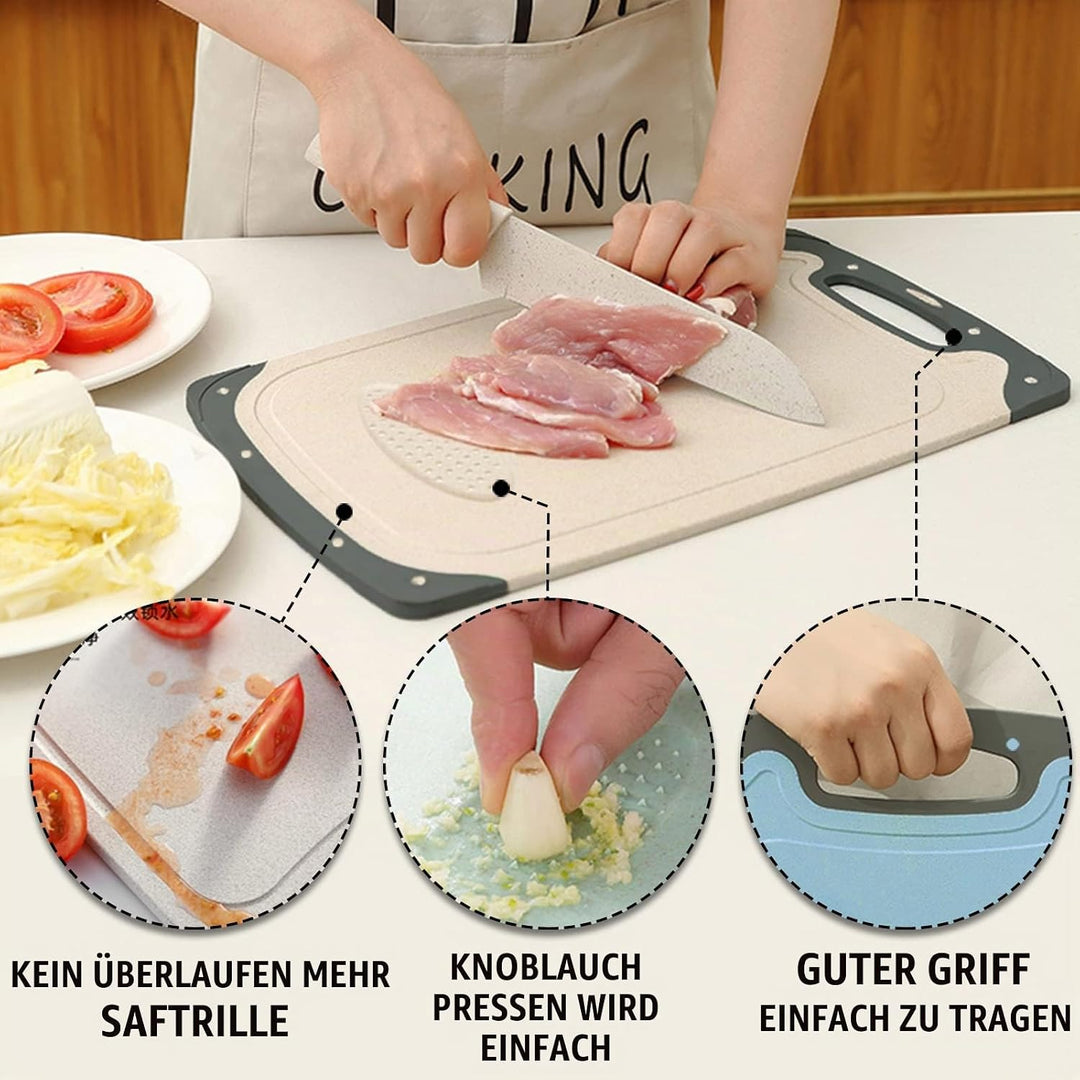 Schneidebrett Set 3 Stück, Schneidebrett Kunststoff mit Saftrillen &amp; Knoblauchpresse Rille, Rutschfe