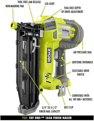 Ryobi P325 One+ 18 V Lithium-Ionen-Akku-betriebener, kabelloser Nagler, 16 Gauge (Batterie nicht im