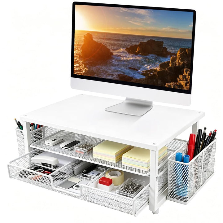 Monitorständer, Monitor Erhöhung Schreibtisch mit Schublade und Stifthaltern, 2-stufiger ergonomisch