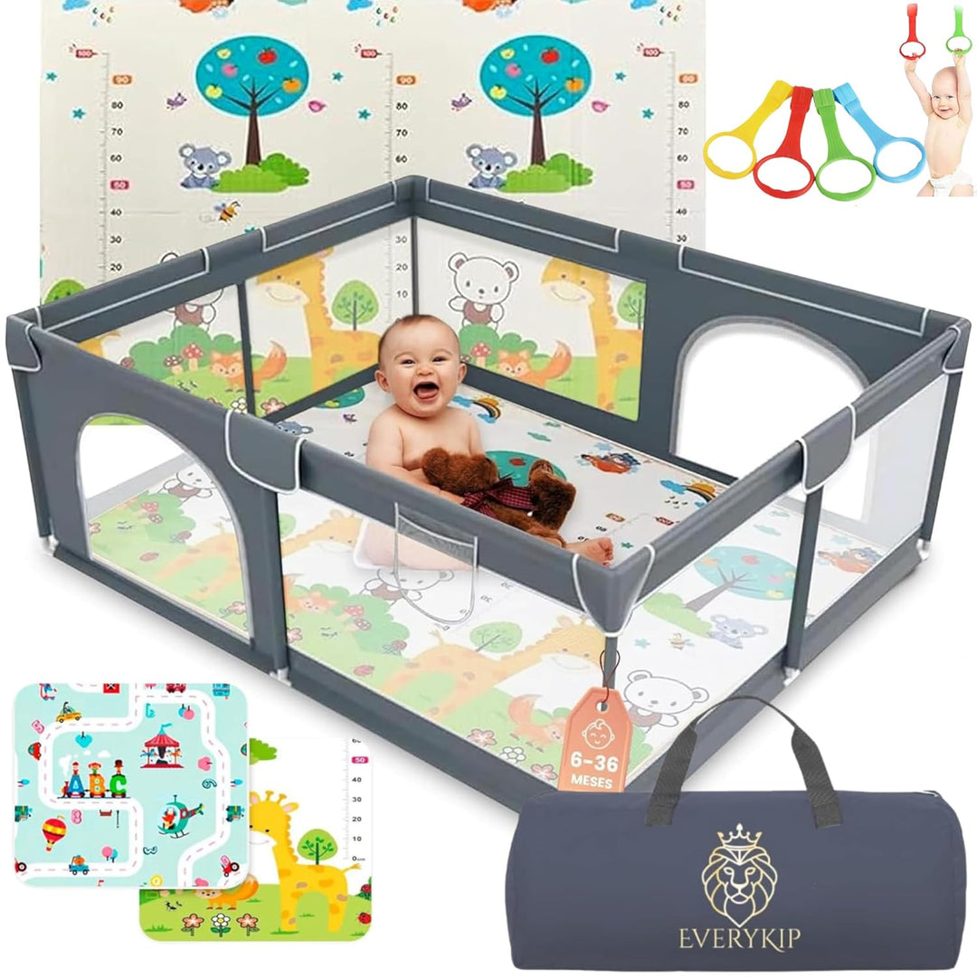 EveryKip® Laufstall Baby 120x120cm, Laufgitter baby mit atmungsaktivem Netz, Baby Laufstall mit Reis