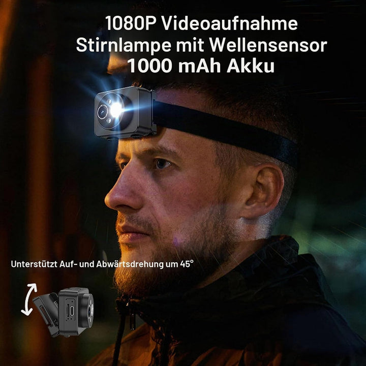 Am Kopf montierte Kamera 1080P - Verstellbare Stirnkamera mit LED Scheinwerfer, 45° Beleuchtungswink
