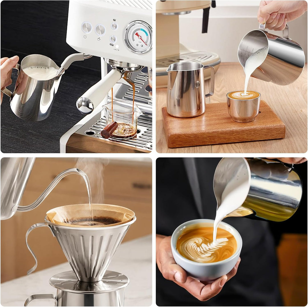 Pour Over Kaffeebereiter Set, Edelstahl, mit kaffeefilterhalter 100 Papierfilter und 600 ml Milchauf