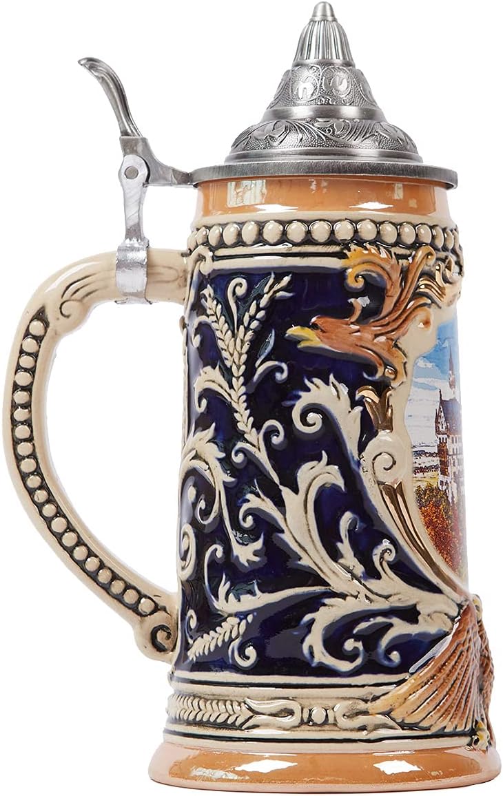 NENBOLEC Bierkrug mit Zinndeckel Bierseidel Steinkrug Gravur Deutsch Schloss Beer Stein 0.7L
