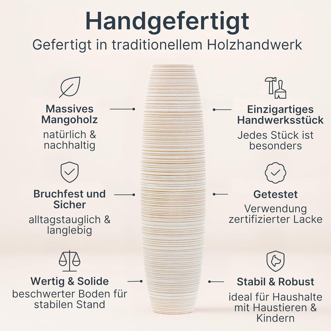 Leewadee Grosse Bodenvase für Dekozweige hohe Standvase Design Holzvase, Holz, 70 cm, White Wash 70