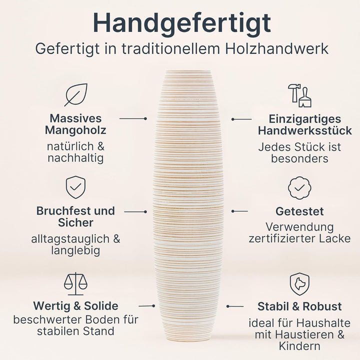 Leewadee Grosse Bodenvase für Dekozweige hohe Standvase Design Holzvase, Holz, 70 cm, White Wash 70