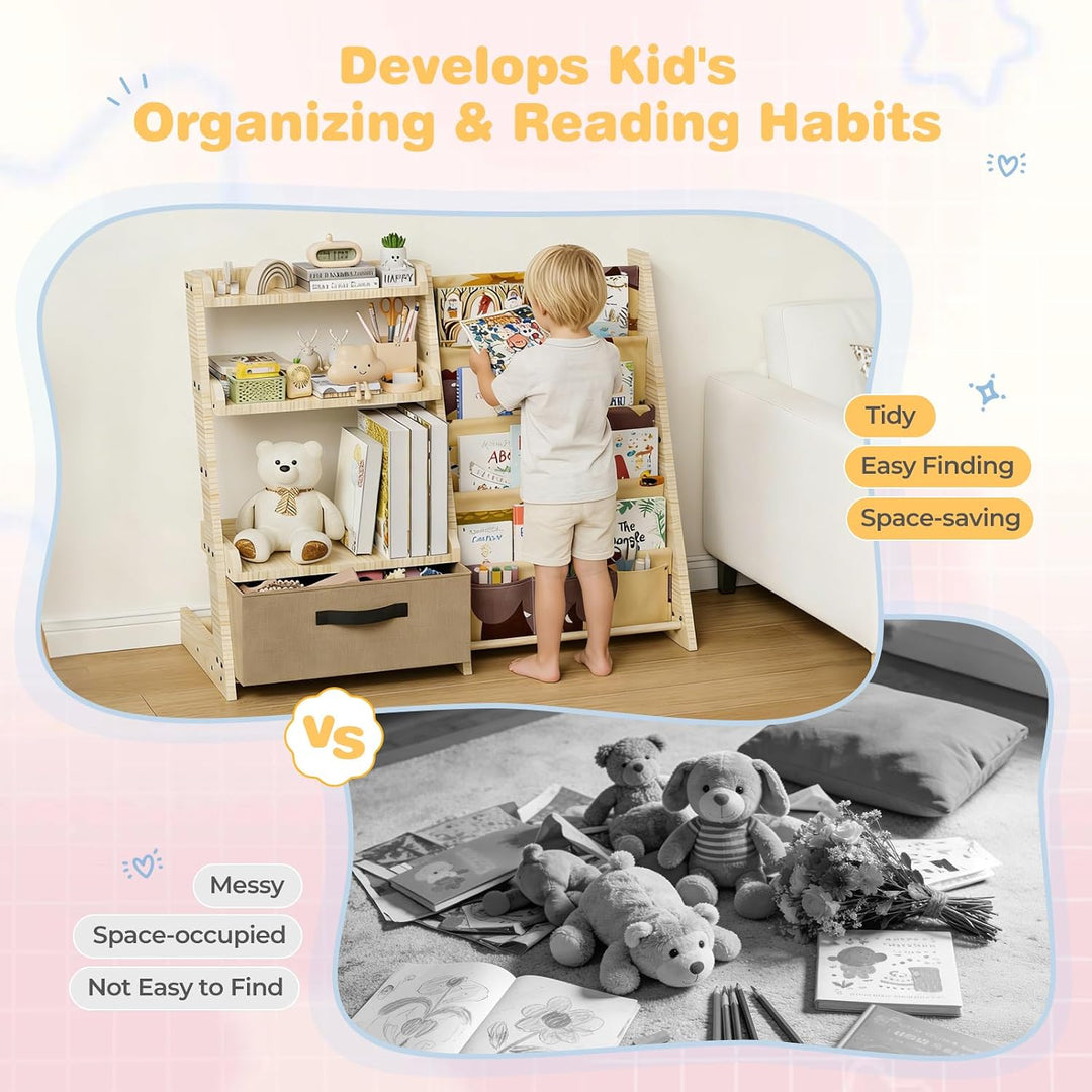 Kinderregal mit Spielzeugorganizer 2-in-1 – Bücherregal aus Holz &amp; Stoff mit 4 Fächern, Schublade &amp;