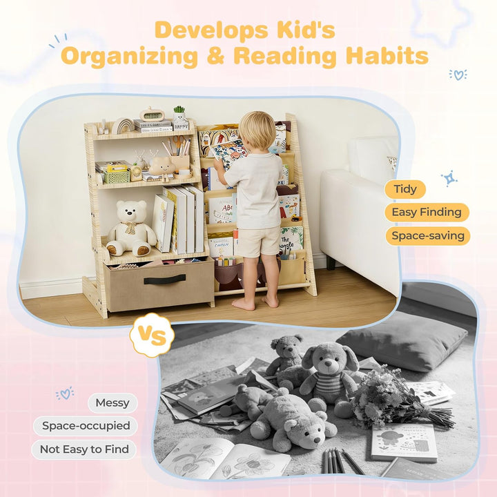 Kinderregal mit Spielzeugorganizer 2-in-1 – Bücherregal aus Holz &amp; Stoff mit 4 Fächern, Schublade &amp;