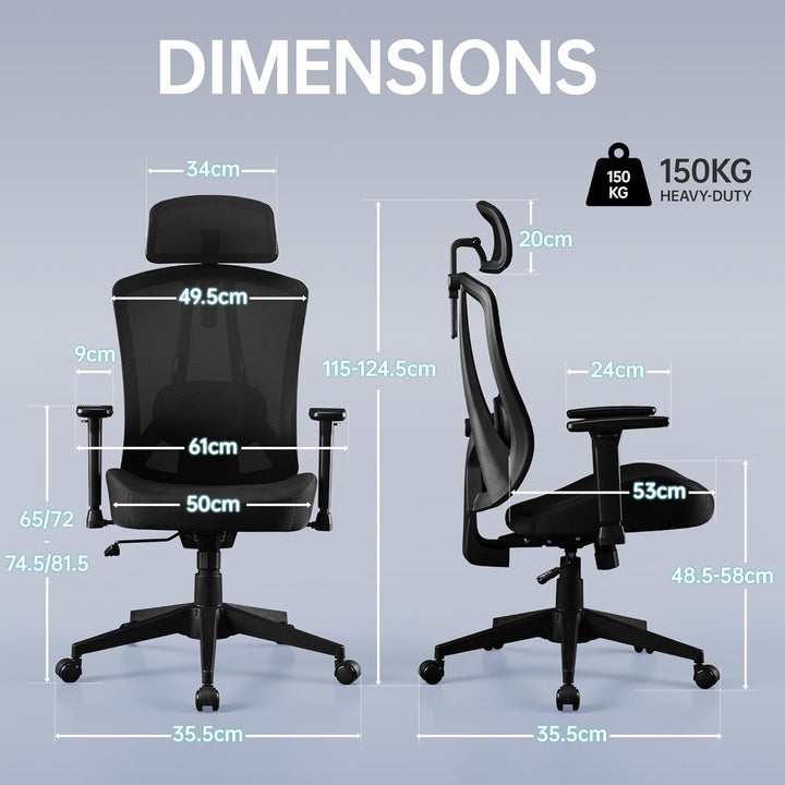 Ergonomischer Bürostuhl mit Verstellbar 3D Armlehne Kopfstütze und Lendenwirbelstütze, Schreibtischs
