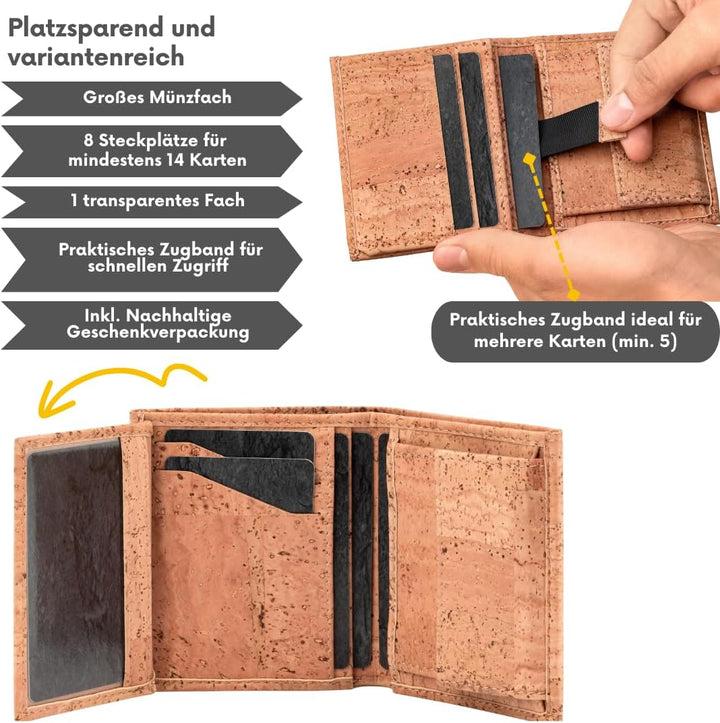 Simaru Kork Geldbeutel, Slim Wallet mit Zuglasche für Kartenfach, Unisex Mini Geldbeutel, Portemonna