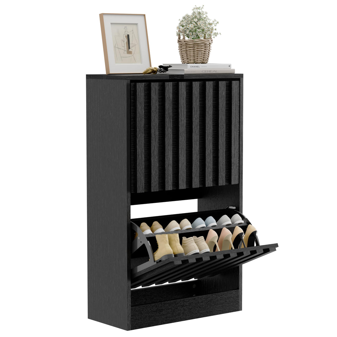 UEV Schuhschrank mit 2 Klappen Holz Schmal Schuhkipper Schuhkommode mit Kippschutz, Schuhaufbewahrun