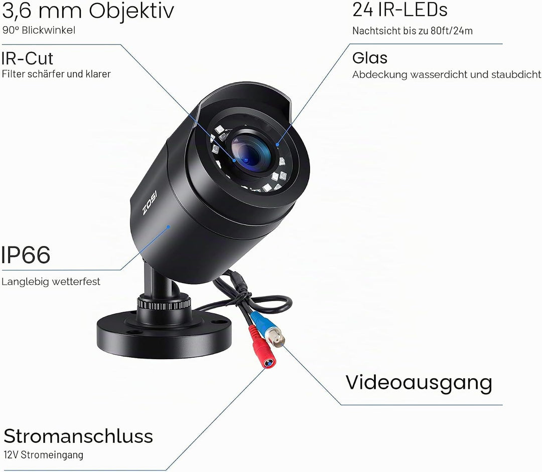 ZOSI 4 Stück 2MP 1080P Outdoor Video Überwachungskamera Set mit Netzteil und Videokabel, 1080P TVI H