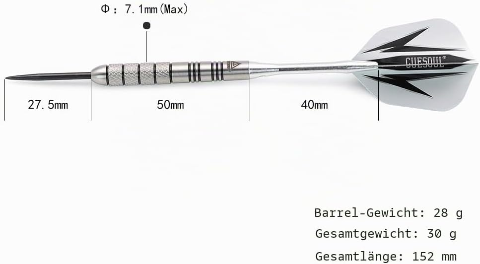 CUESOUL 30 Gramm Tungsten Steel Tip Darts Set 95% Tungsten 28 Gramm-Koffer, 28 Gramm-Koffer