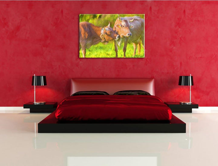 Kuhbullen auf Weide Deluxe Format: 100x70 cm auf Leinwand, XXL riesige Bilder fertig gerahmt mit Kei