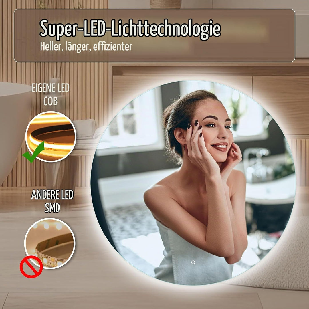 Venti 60cm Badspiegel mit Beleuchtung, Badezimmerspiegel mit Beleuchtung, LED Badspiegel, Spiegel Ru