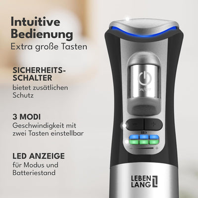 LEBENLANG Akku Stabmixer Kabellos - Inkl. 800ml Messbecher & USB-C Ladekabel I Kabelloser Akku Pürie