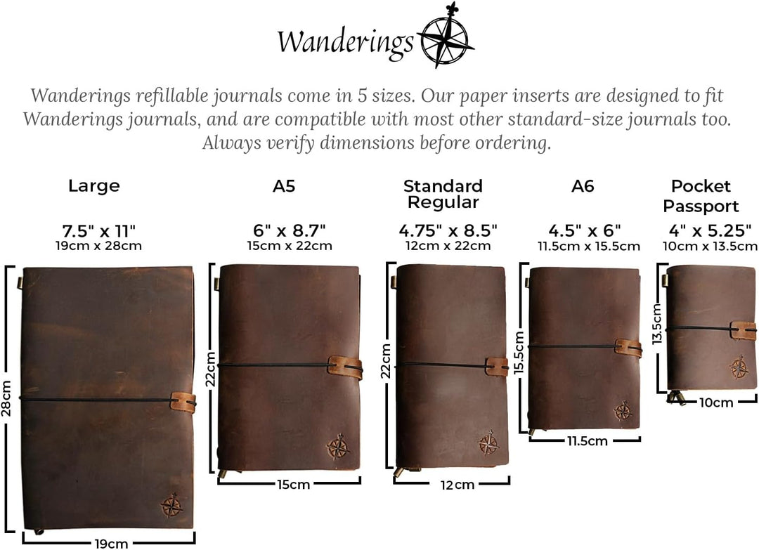 WANDERINGS Reisetagebuch A6 nachfüllbares Leder-Reisetagebuch, handgefertigtes echtes Leder - Klein