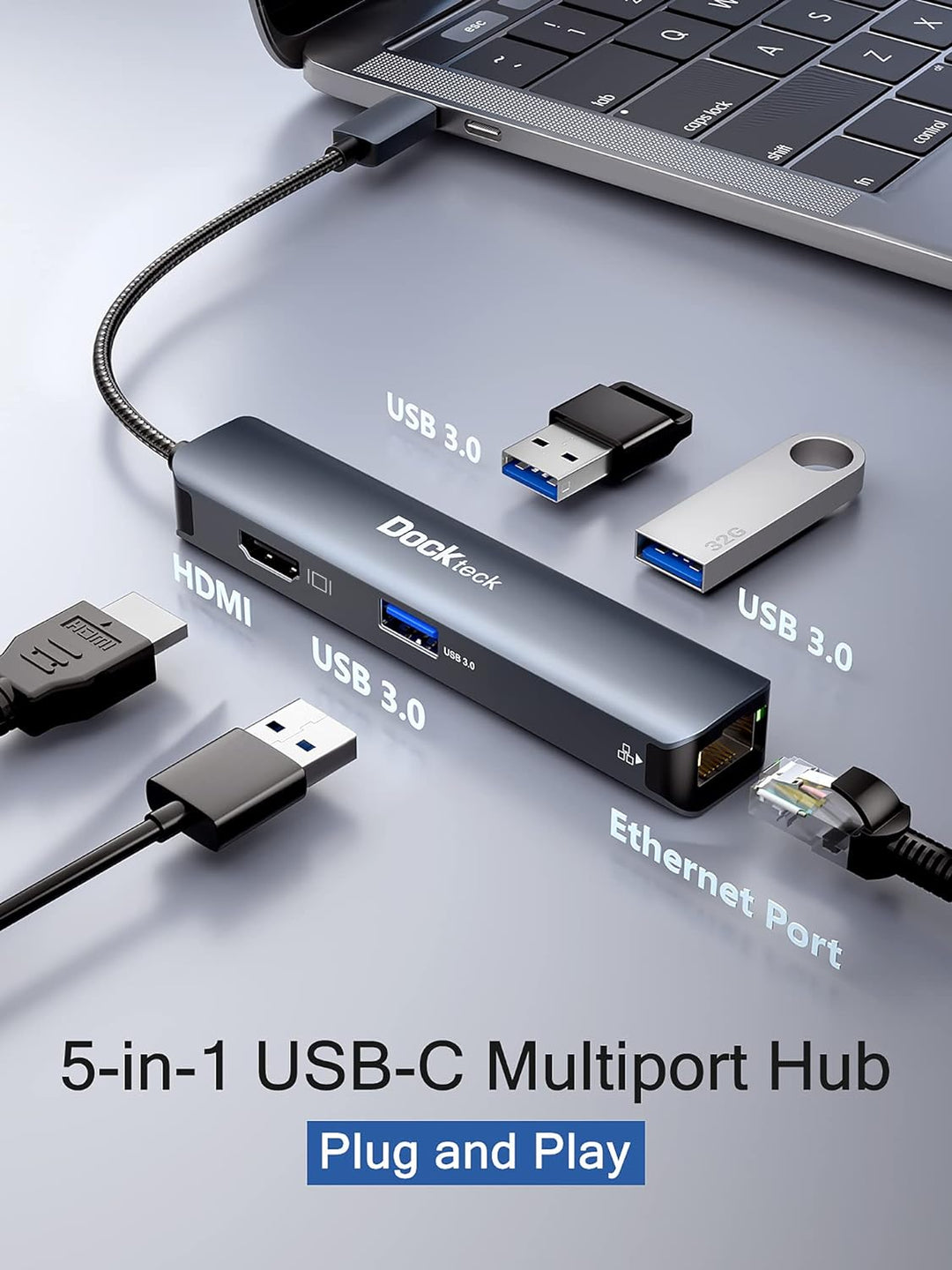 USB C Hub Dockteck 5 in 1 USB C Dock, USB-C Adapter mit Ethernet LAN RJ45, 4K HDMI, 3 USB 3.0 für Ma