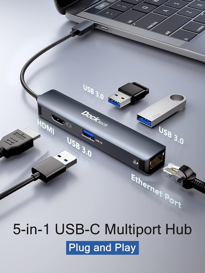 USB C Hub Dockteck 5 in 1 USB C Dock, USB-C Adapter mit Ethernet LAN RJ45, 4K HDMI, 3 USB 3.0 für Ma