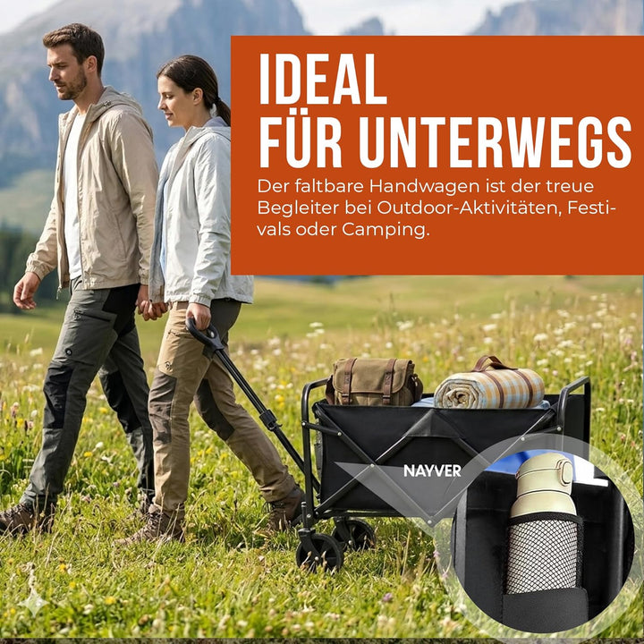 Faltbarer Bollerwagen Camping Trolley Handwagen | Bis 80kg Tragkraft, 60L Volumen, 360° Rädern, 600D