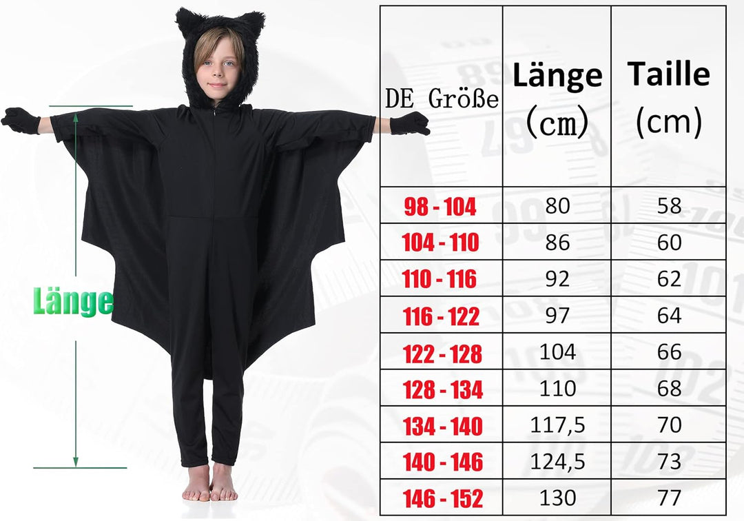 Fledermaus Kostüm Kinder Mädchen Junge Faschingskostüme Karneval Kostüm Schwarz 110-116, Schwarz 110