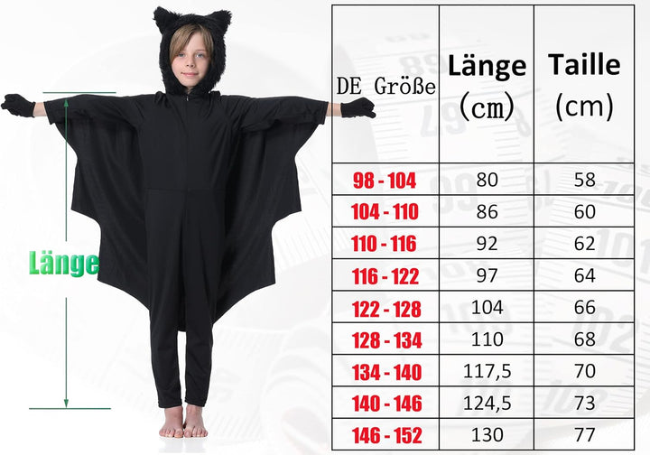 Fledermaus Kostüm Kinder Mädchen Junge Faschingskostüme Karneval Kostüm Schwarz 128-134, Schwarz 128