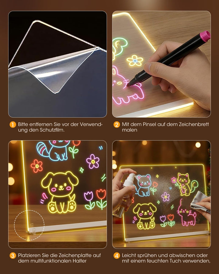MQFORU LED Zeichenbrett 35x25CM, LED Notiztafel Abwischbar Maltafel Kinder mit 8 Colour Lighting 6 M
