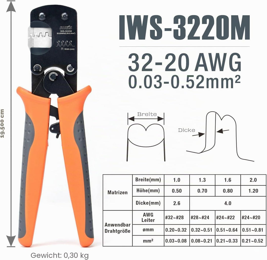 iCrimp IWS-3220M Krimpwerkzeug für 0,03-0,5 mm² Aderendhülsen, Mikroverbinder-Pin-Crimpwerkzeug Rats