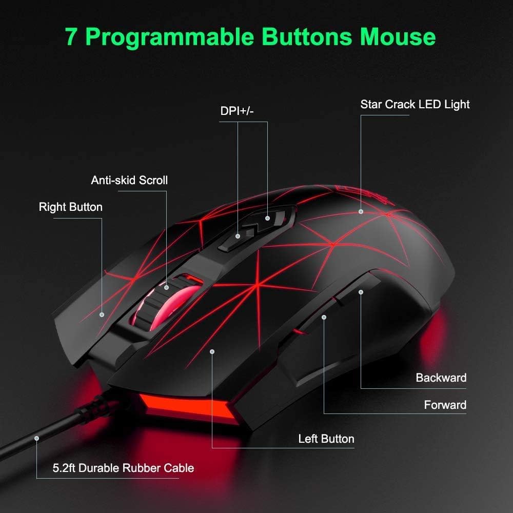 LexonElec Kabelgebundene RGB Gaming Maus, 7 Tasten mit 2500 DPI, ergonomische LED-beleuchtete USB-Ga