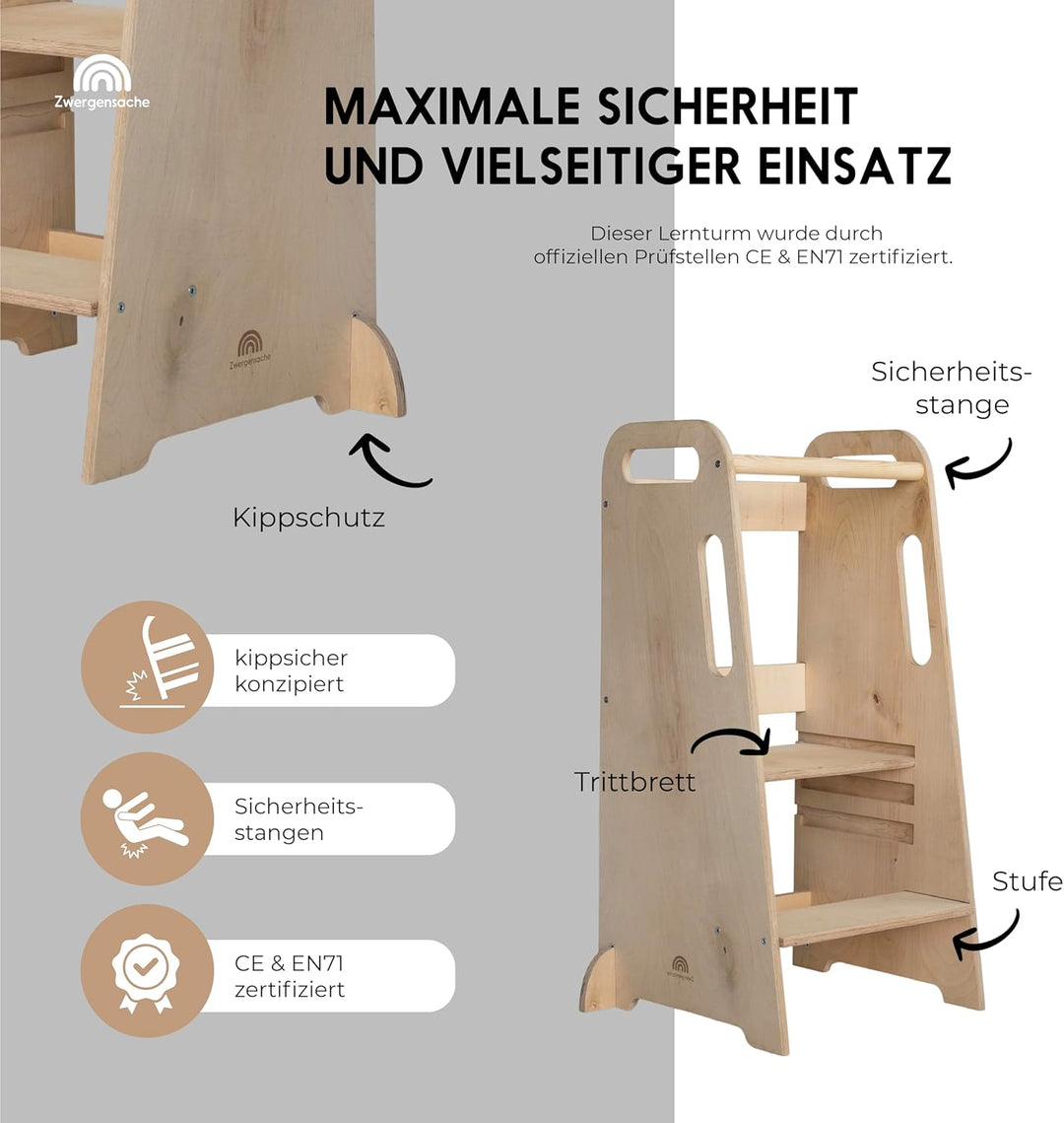Lernturm ab 1 Jahr – Höhenverstellbar ohne Werkzeug – weiss lackiert - Kinder-Küchenhelfer, Lernturm